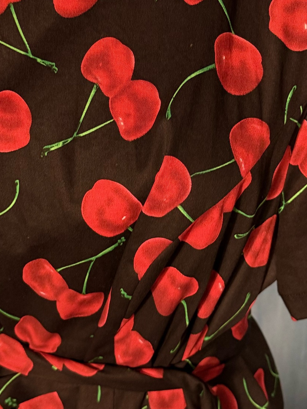Red Cherry Print dress— Women's Elegant Tie-Waist. 42" bust. 16W - Picture 6 of 7